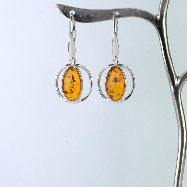 Oval Amber and Silver Drop Earrings.