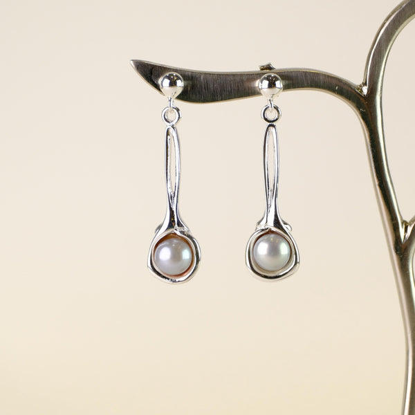 Organic Design Sterling Silver and Grey Pearl Drop Earrings.