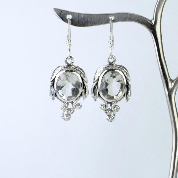 Sterling Silver and Green Amethyst Art Nouveau Style Drop Earrings.