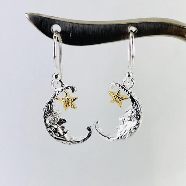 Silver and Gold Plated Man in the Moon Drop Earrings.