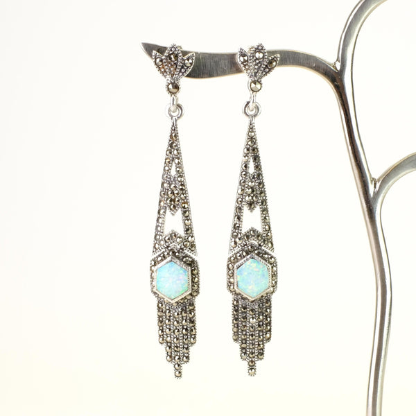 Art Deco Style Marcasite, Opal and Silver Drop Earrings.