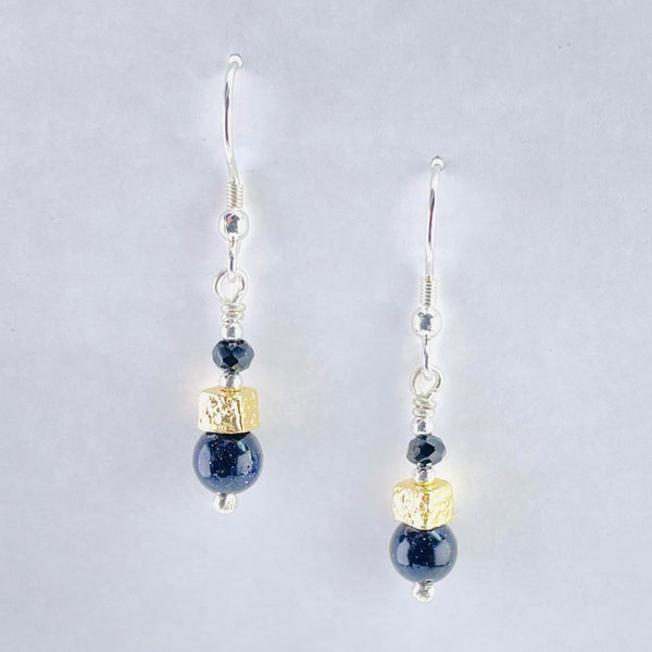 Silver, Blue Goldstone and Gold Plated Bead Earrings.