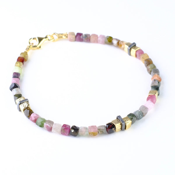 Tourmaline Beaded Bracelet with Silver and Gold Plated Elements.