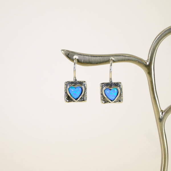 Square Opal and Silver Heart Earrings.