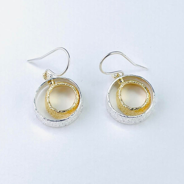 Articulated Sterling Silver and Gold Plated Circle Drop Earrings by JB Designs.