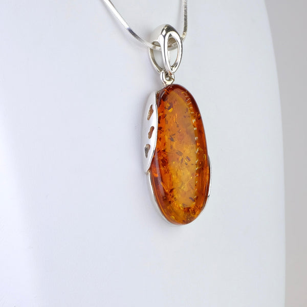 Long Oval Amber and Silver Pendant