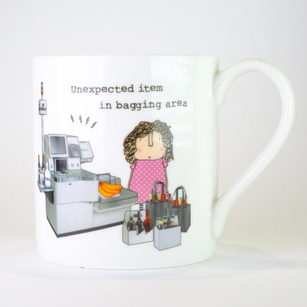 'Unexpected Item in the Bagging Area' by Rosie Made a Thing,Bone China Mug.