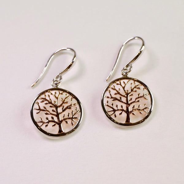 Silver Tree of Life Drop Earrings with Rose Gold Plating.