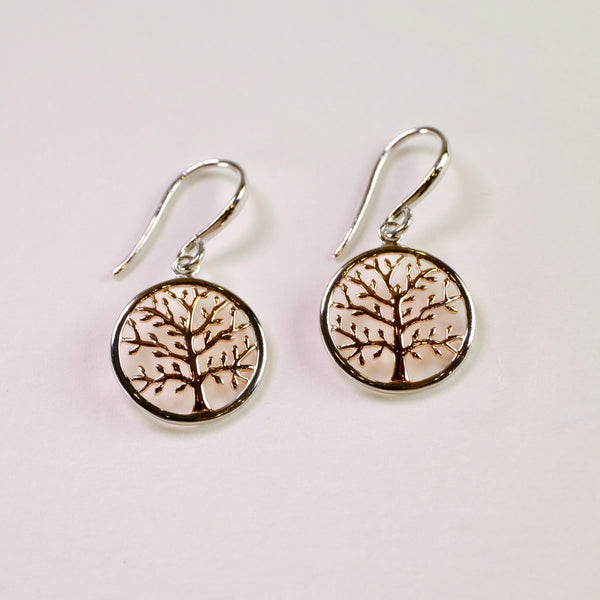 Silver Tree of Life Drop Earrings with Rose Gold Plating.