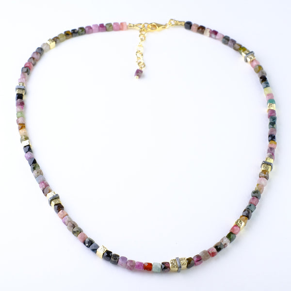 Tourmaline Beaded Necklace with Silver and Gold Plated Elements.