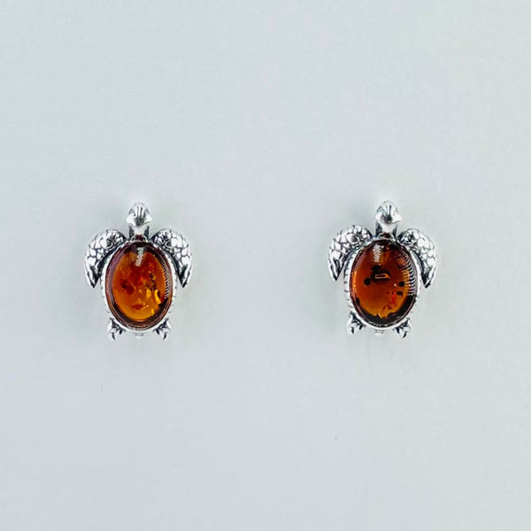 Silver and Amber Turtle Stud Earrings.