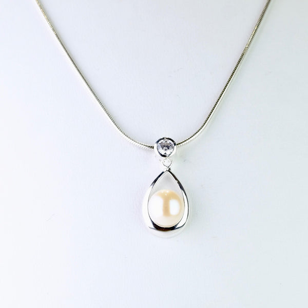 Silver, CZ and Pearl Tear Drop Pendant.