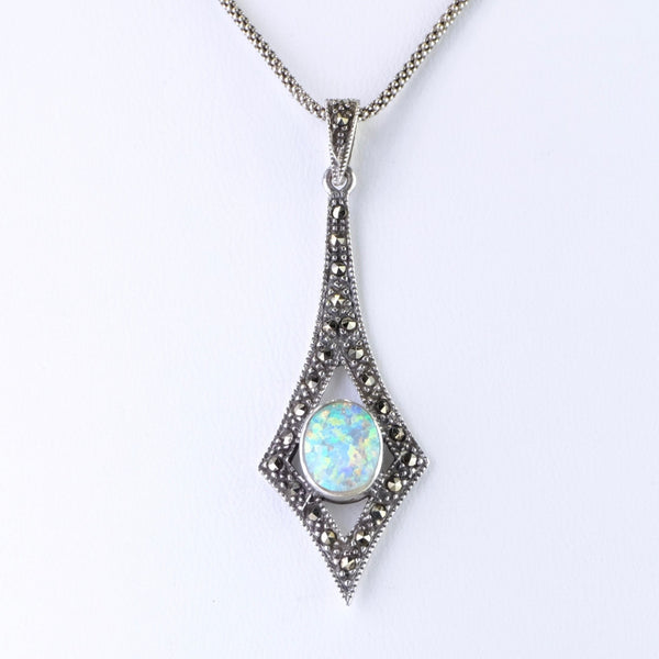 Vintage Style Opalite, Marcasite and Silver Pendant.