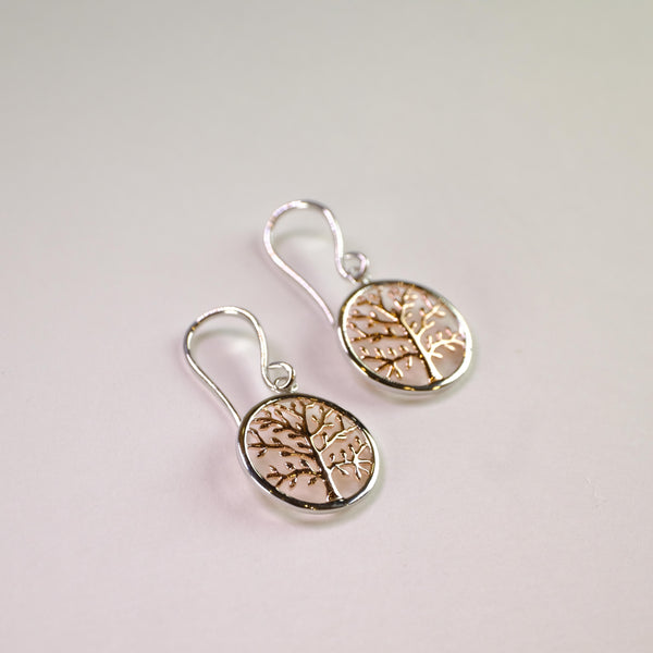 Silver Tree of Life Drop Earrings with Rose Gold Plating.