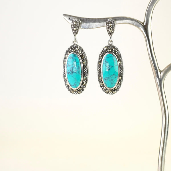 Silver, Marcasite and Turquoise Drop Earrings.
