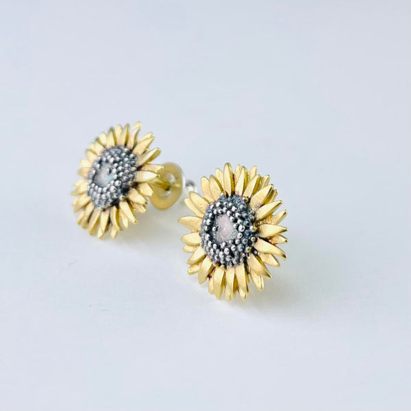 Handmade Silver and Gold Plated Sunflower Stud Earrings by Sheena McMaster.