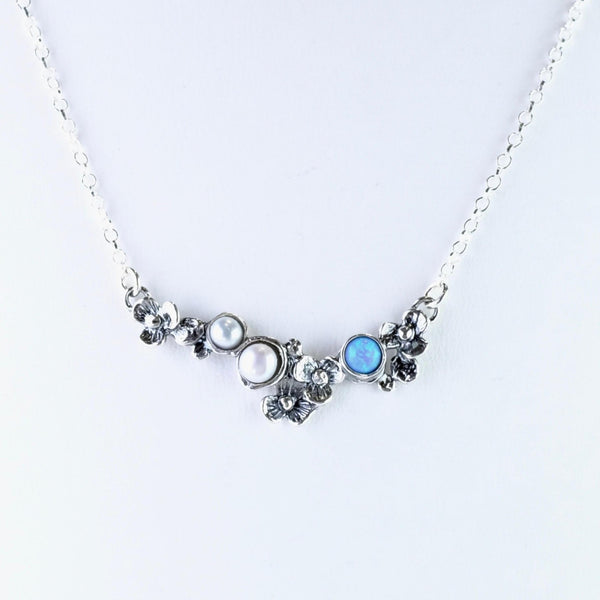 Sterling Silver Opal and Pearl Floral Necklace. Smithsonia