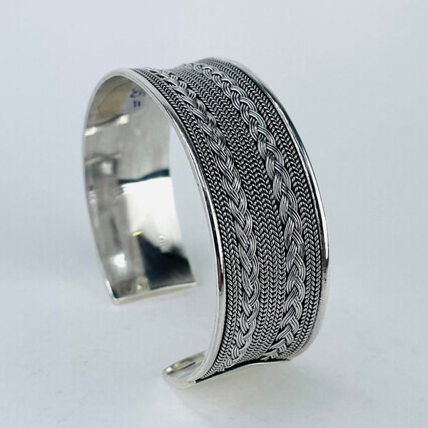 Wide Sterling Silver Torque Bangle Bracelet with Plaited Detail.