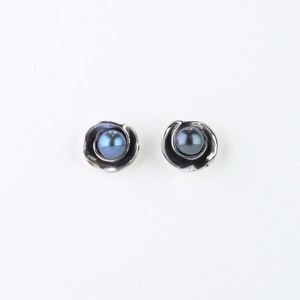 Round Silver and Peacock Pearl Stud Earrings.