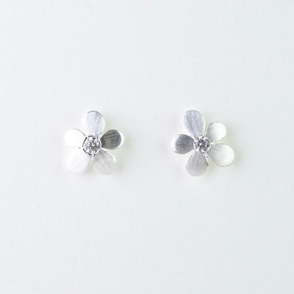 Satin Silver and Cubic Zirconia Flower Studs.