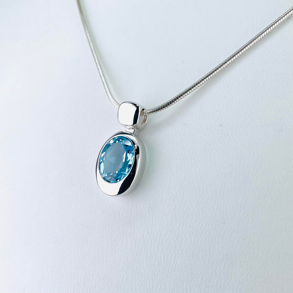 Round Swiss Blue Topaz Sterling Silver Slide Pendant Necklace {Ready t