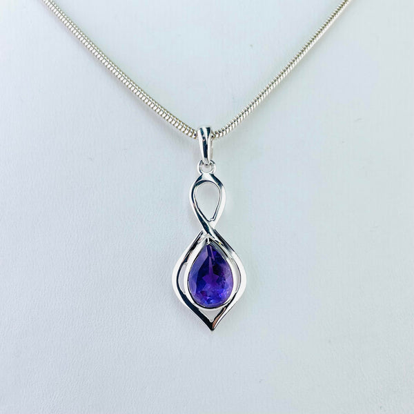 Decorative Sterling Silver and Tear Drop Amethyst Pendant.