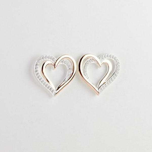 Silver, Cz and Rose Gold Heart Stud Earrings by 'Unique'