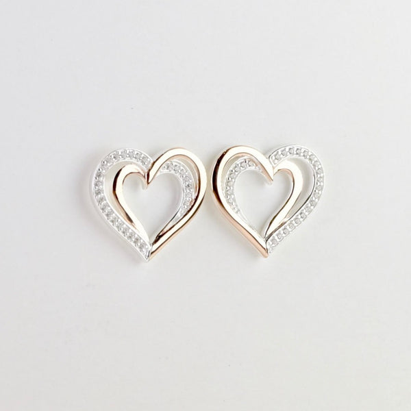 Silver, Cz and Rose Gold Heart Stud Earrings by 'Unique' – Smithsonia