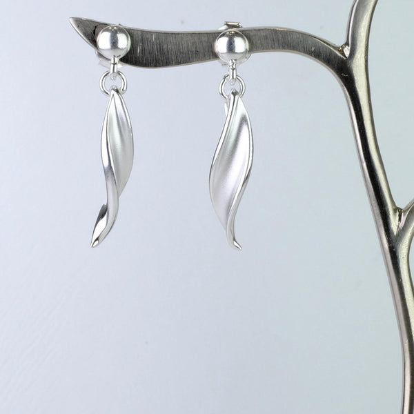 Satin and Shiny Silver Twist Drop Earrings by JB Designs.
