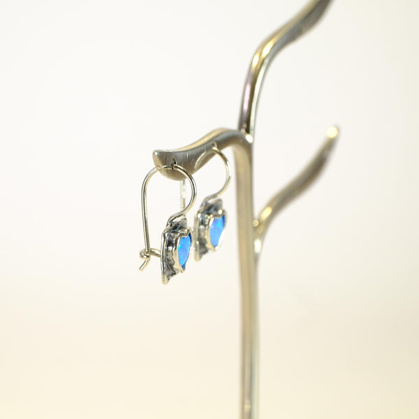Square Opal and Silver Heart Earrings.