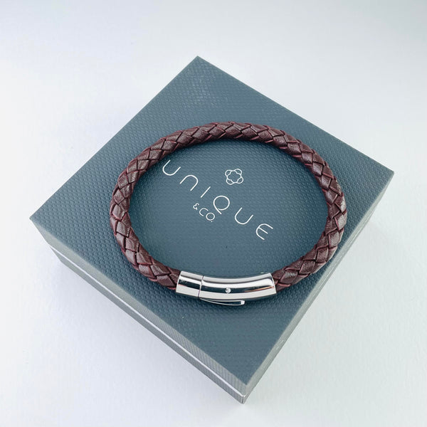 Gents Dark Brown Leather and Stainless Steel Bracelet.