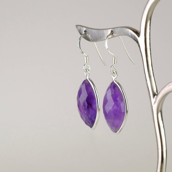 Marquise Shaped Silver and Amethyst Drop Earrings.