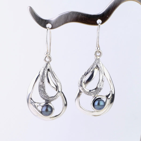 Sterling Silver and Black Freshwater Pearl Drop Earrings.