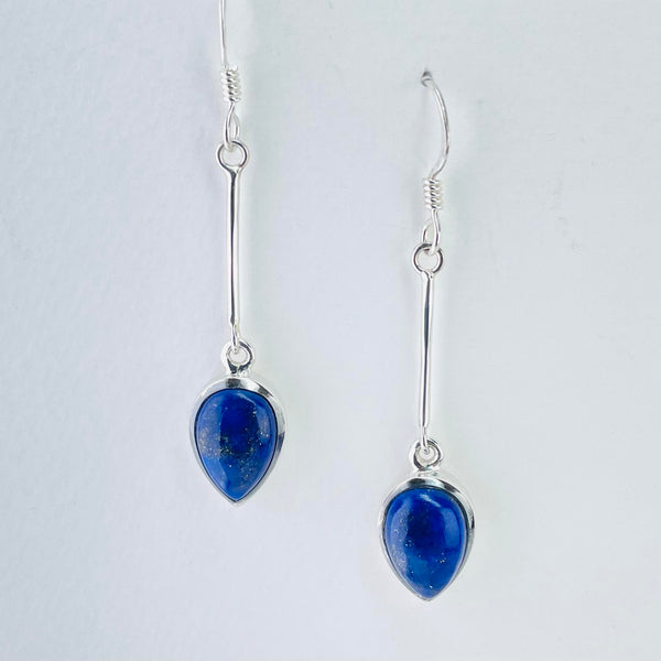 Tear Drop Lapis Lazuli Earrings on a Long Sterling Silver Stem.