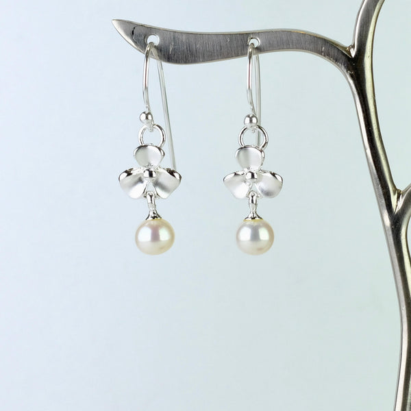 Matt 'Forget me not' Silver and Pearl Drop Earrings by JB Designs.