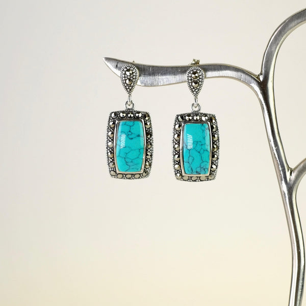 Rectangular Silver, Marcasite and Turquoise Drop Earrings.
