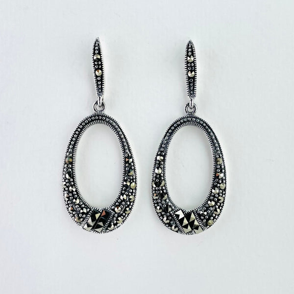 Long Oval Marcasite and Silver Drop Earrings.