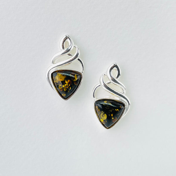 Triangular Green Amber and Twisted Silver Stud Earrings.