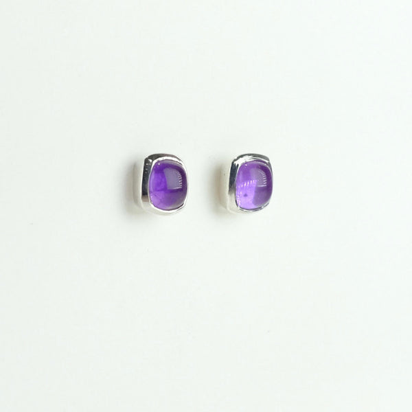Square Silver and Cabochon Amethyst Stud Earrings.