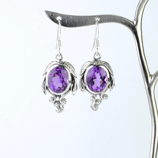 Sterling Silver and Faceted Amethyst Art Nouveau Style Drop Earrings.