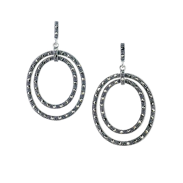 Marcasite and Silver Double Circle Drop Earrings.
