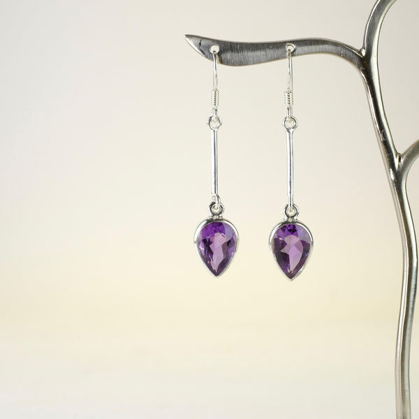 Long Sterling Silver and Pear Shaped Amethyst Drop Earrings.