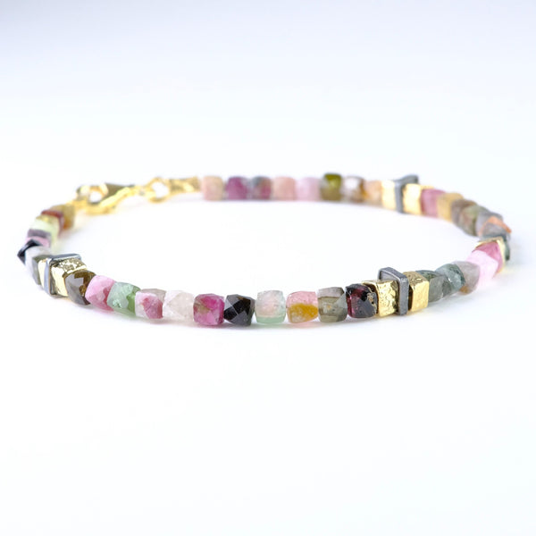 Tourmaline Beaded Bracelet with Silver and Gold Plated Elements.