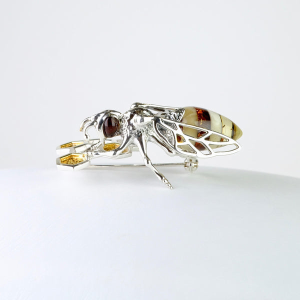 Sterling Silver and Mixed Amber Bee Design Brooch.