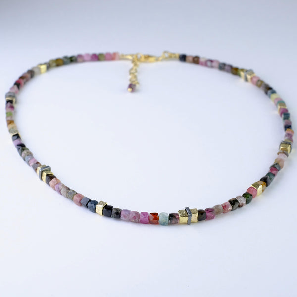 Tourmaline Beaded Necklace with Silver and Gold Plated Elements.