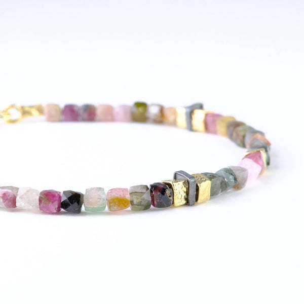 Tourmaline Beaded Bracelet with Silver and Gold Plated Elements.